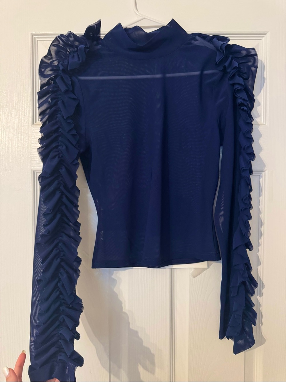 Women's Ruffle-Sleeve Sheer Mock Neck Top - Navy
